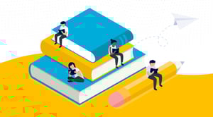 Cartoon image with a large stack of books and a pencil with people sitting on them reading