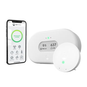 Airthings Asthma Kit Plus - Hero Image - Right Low with Simplified App_PM_CO2_GLOW_WEB_Transparent