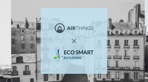 Airthings and Ecosmart logos on blue background overlay with French city in background