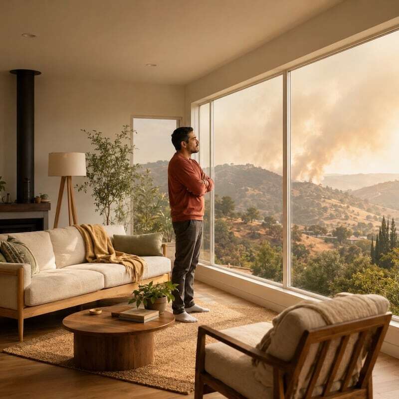 Person suffering from wildfire smoke pollution indoors — Airthings View Plus monitors PM2.5 to track wildfire smoke infiltrating your home