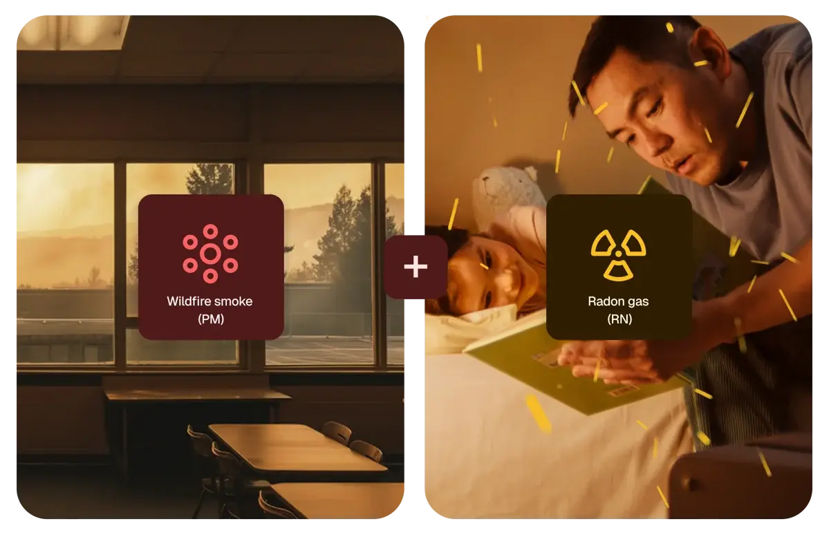 Visual showing when PM2.5 from wildfires enters a home with high radon, a dangerous synergy occurs