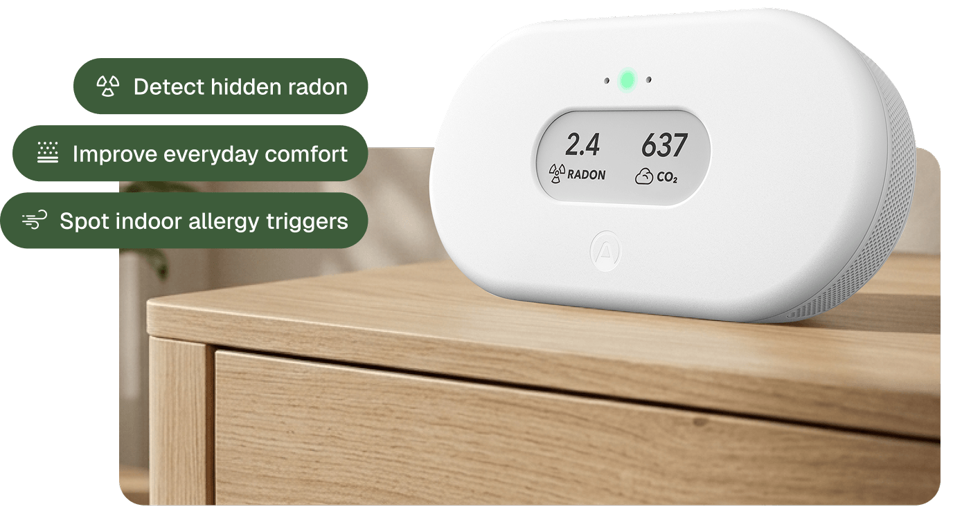 Airthings View Plus air quality monitor on a bedroom nightstand, showing live radon and CO2 readings, with callouts for detecting hidden radon, improving everyday comfort, and spotting indoor allergy triggers