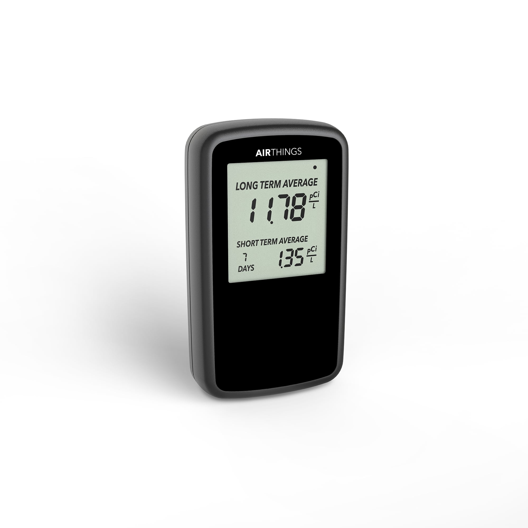Corentium Home Limited Black Edition at a three-quarter angle, a compact radon detector sized for any shelf or table