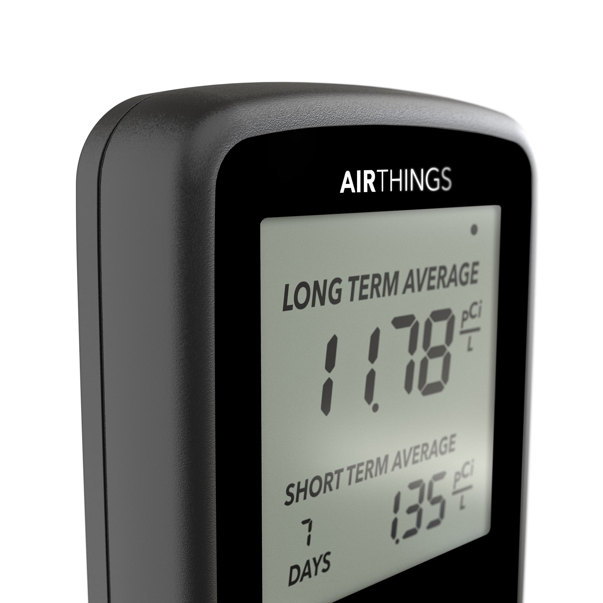 Close-up of the Corentium Home Limited Black Edition display showing long-term and 7-day short-term radon averages