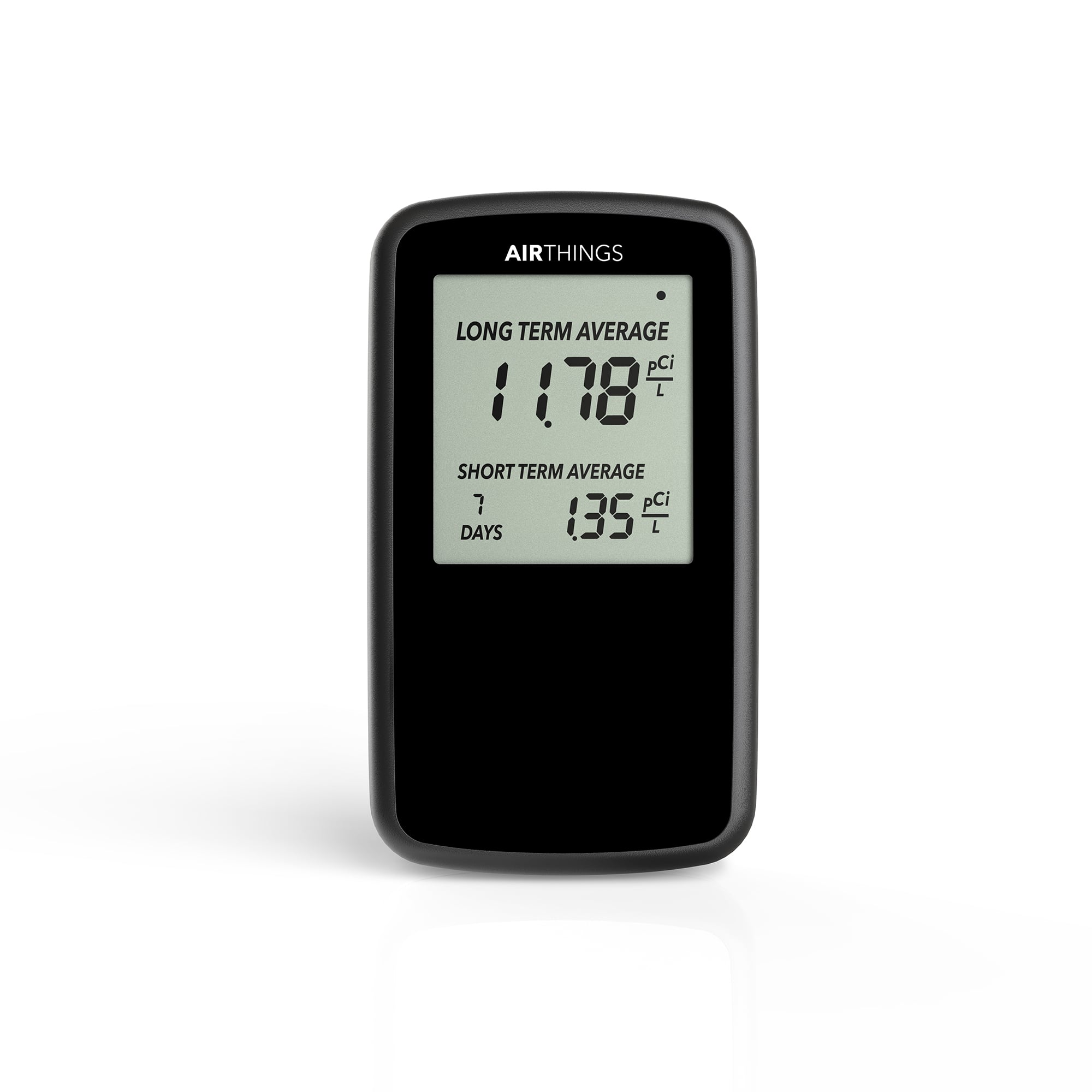Corentium Home Limited Black Edition radon detector, front view with long-term and short-term radon averages in pCi/L
