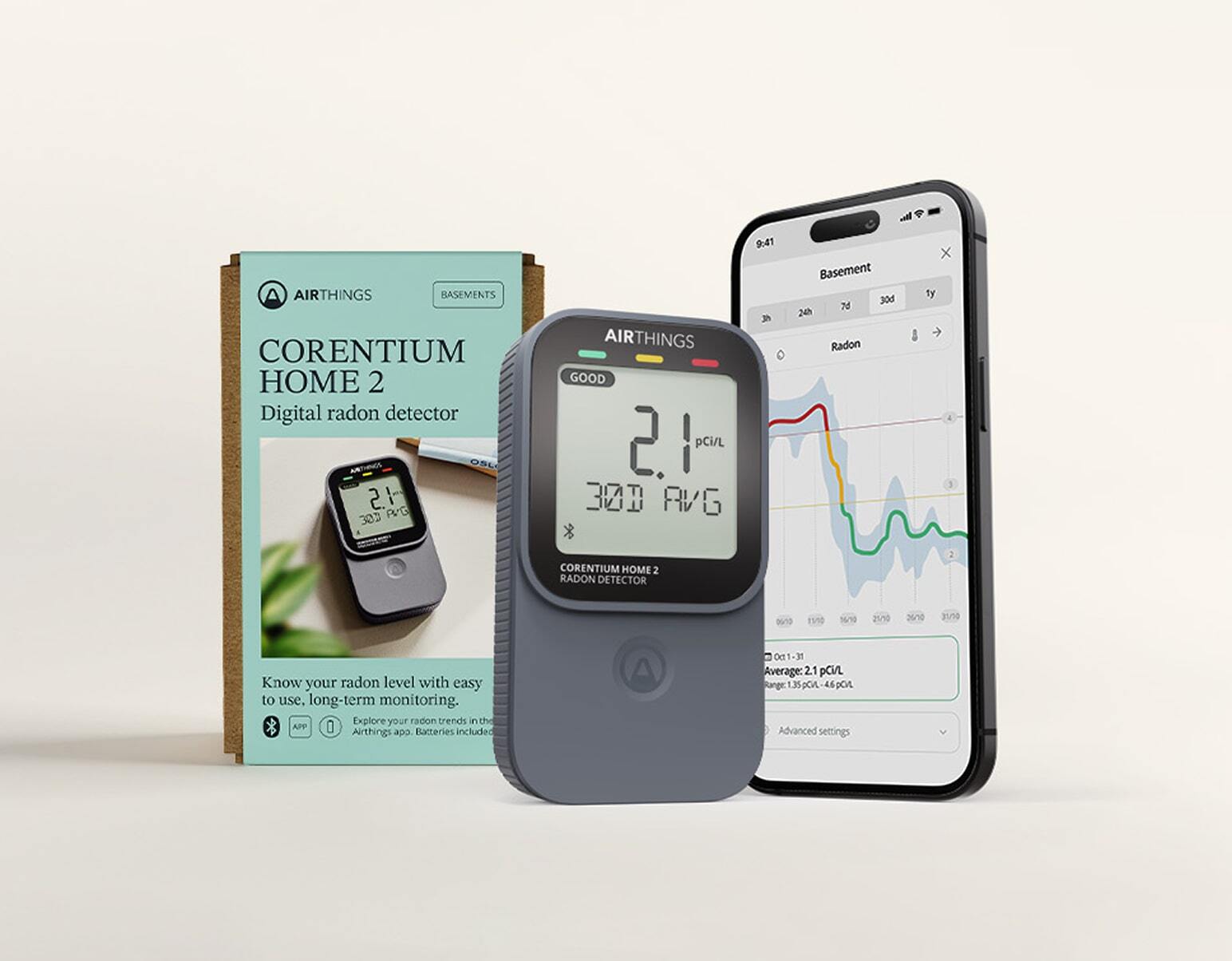Airthings Corentium Home 2 radon detector on a table in a home