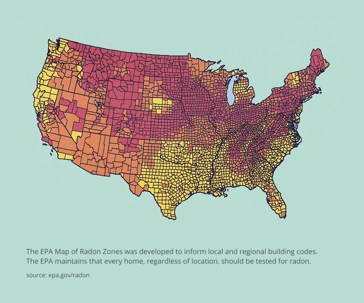 US map showing radon risk zones across American states
