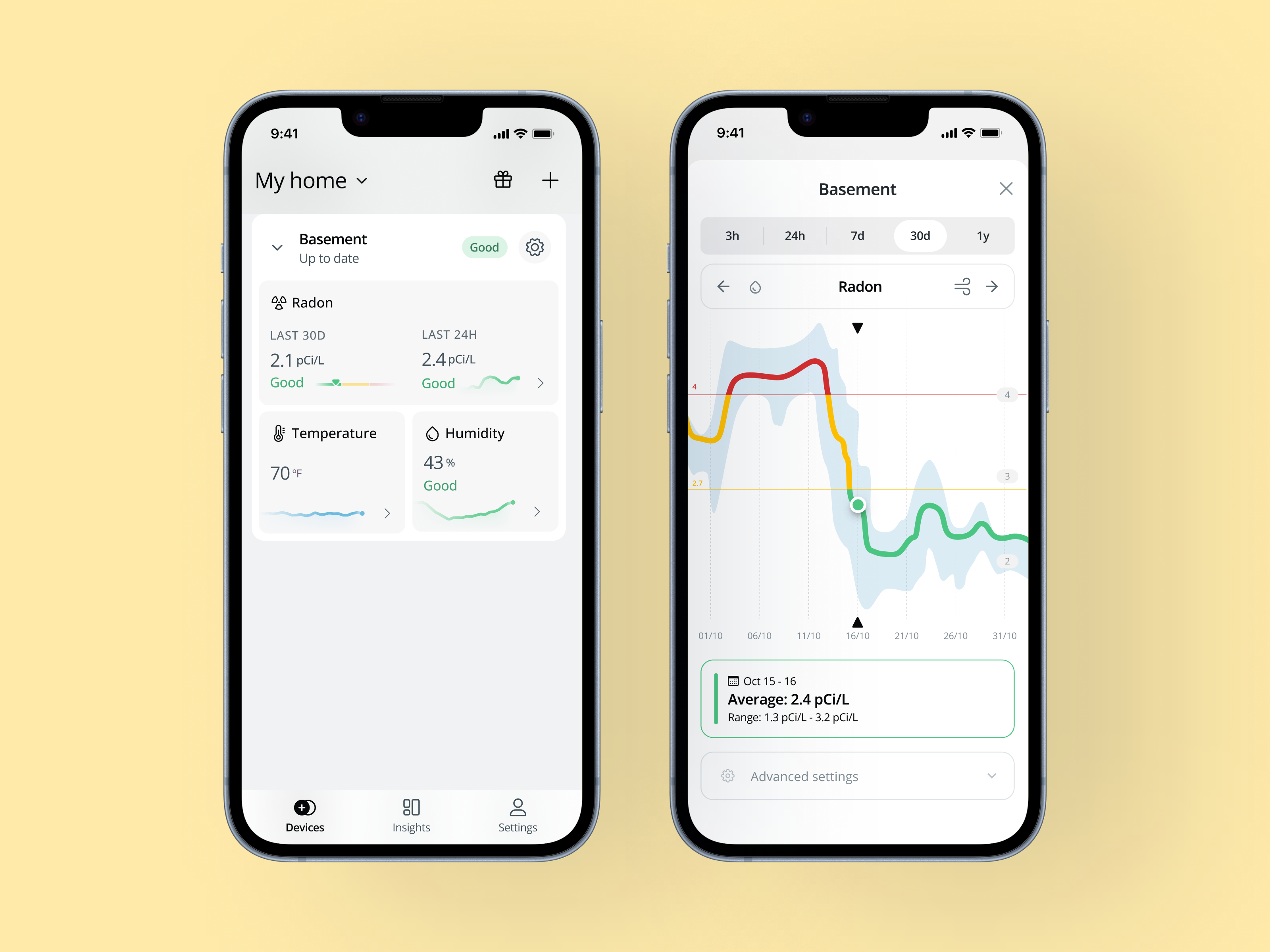 Airthings app showing radon trends