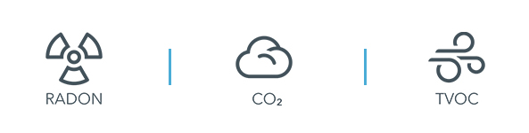 3 icons in a row: Radon, CO2 and TVOC