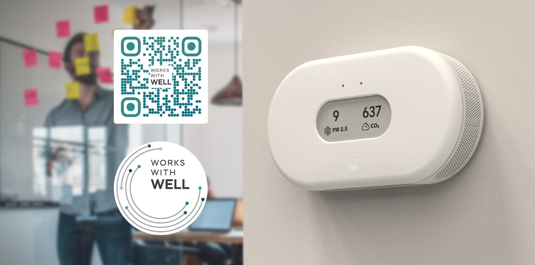 Airthings Space Pro - Works with Well logo & QR code - 1819x902px