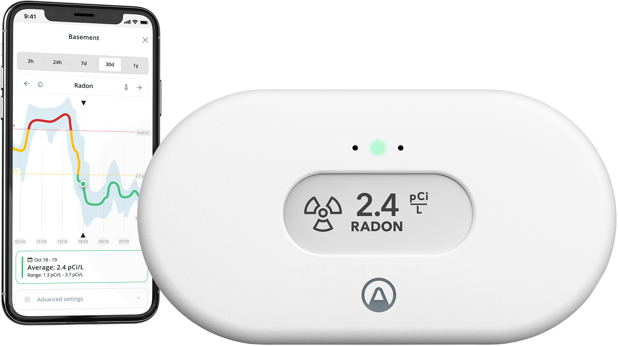 Airthings View Radon - Hero Image - Main with App Light - Radon graph US_GLOW_Transparent