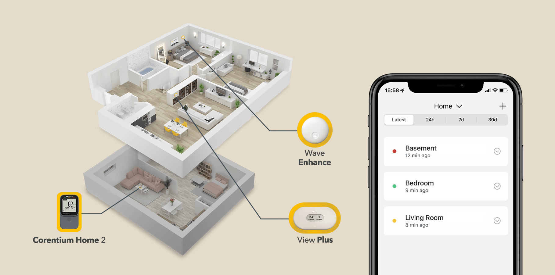 Airthings multiroom air quality monitoring — devices across bedroom, basement and living room