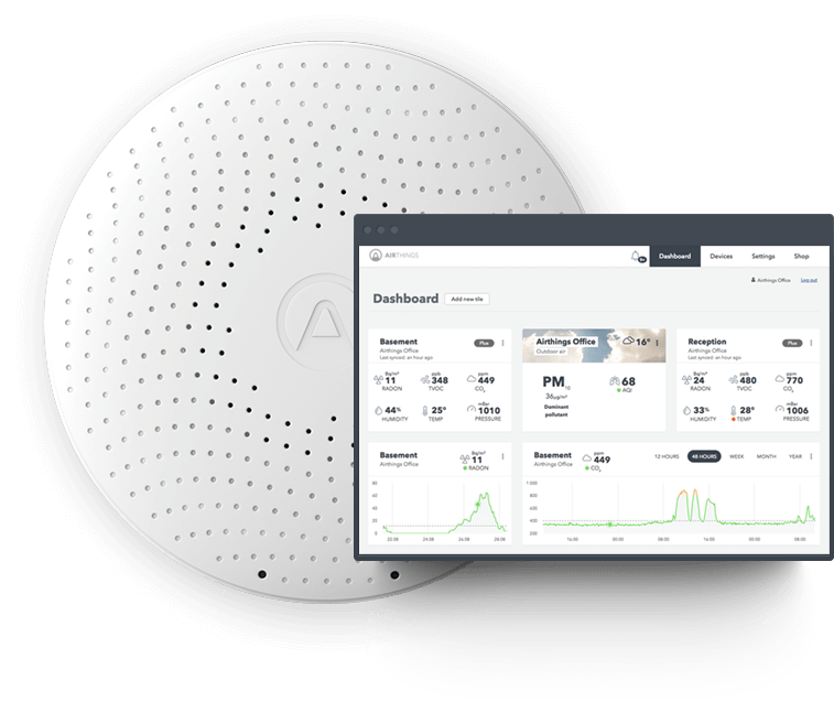 A smart IAQ monitor with the Airthings dashboard overlayed showing IAQ data