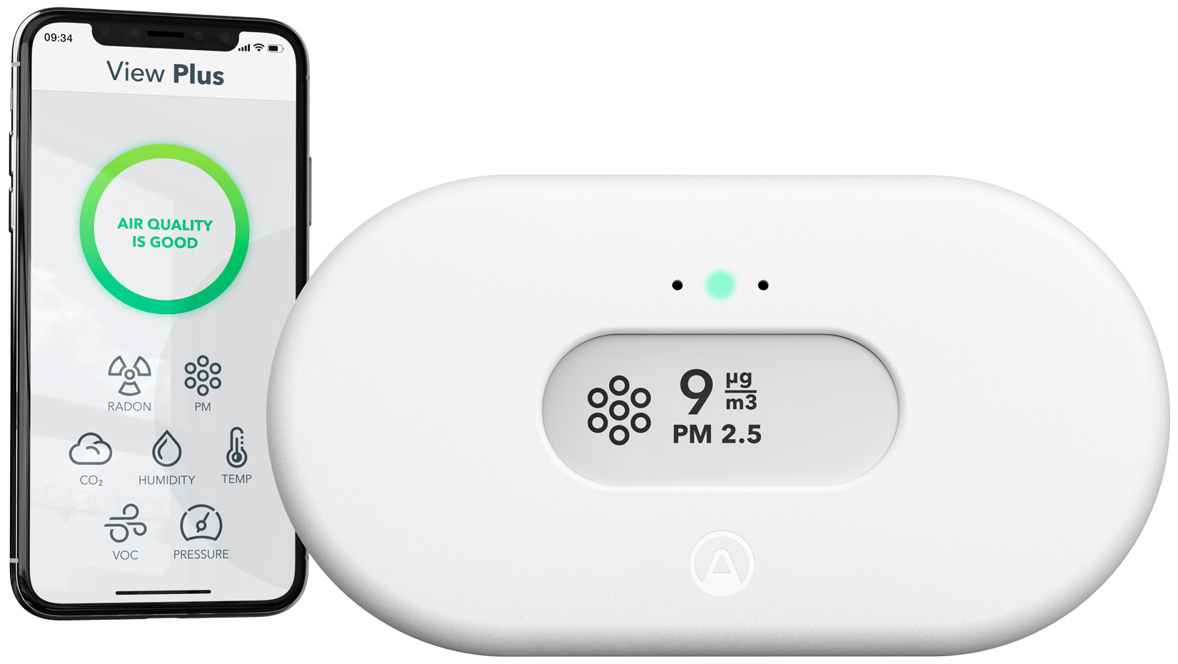 Airthings View Plus - Hero Image - Front with Simplified App_PM_GLOW_WEB_Transparent