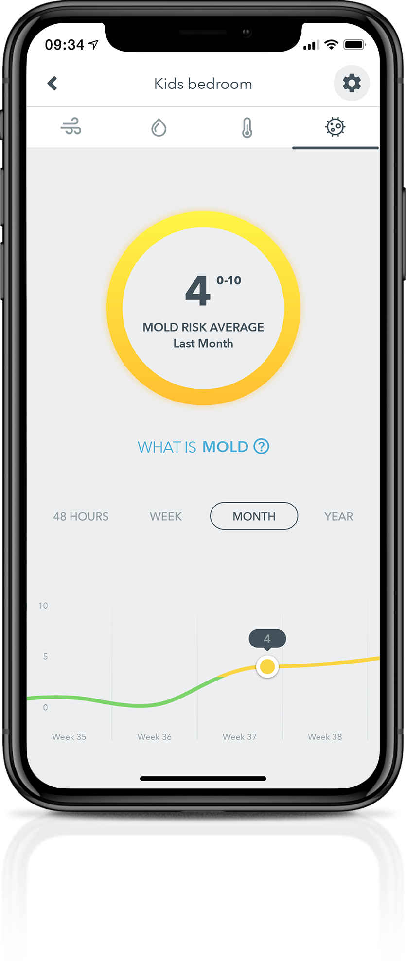 Airthings-Wave-App-iPhone-X-Wave-Mini-Mold-Graph-Yellow