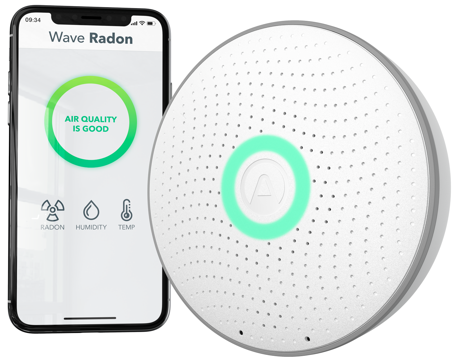 Airthings Wave Radon - Hero Image - Main with Simplified App_GLOW_WEB_Transparent