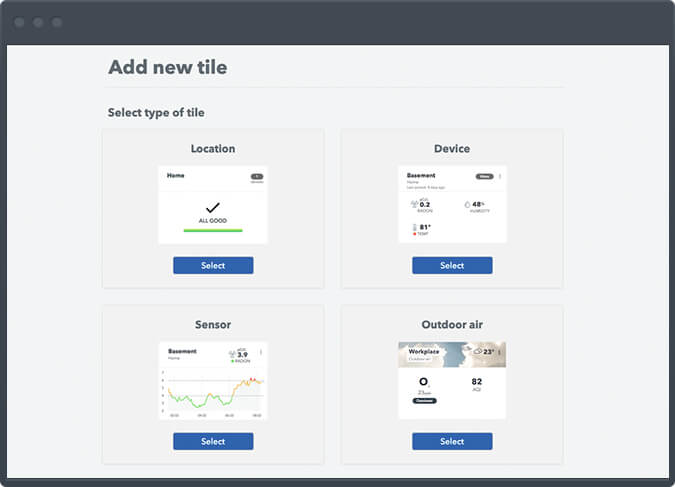 A computer window showing how you can customize the Airthings dashboard by adding new tiles