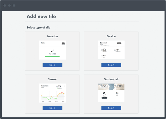 A computer window showing how you can customize the Airthings dashboard by adding new tiles