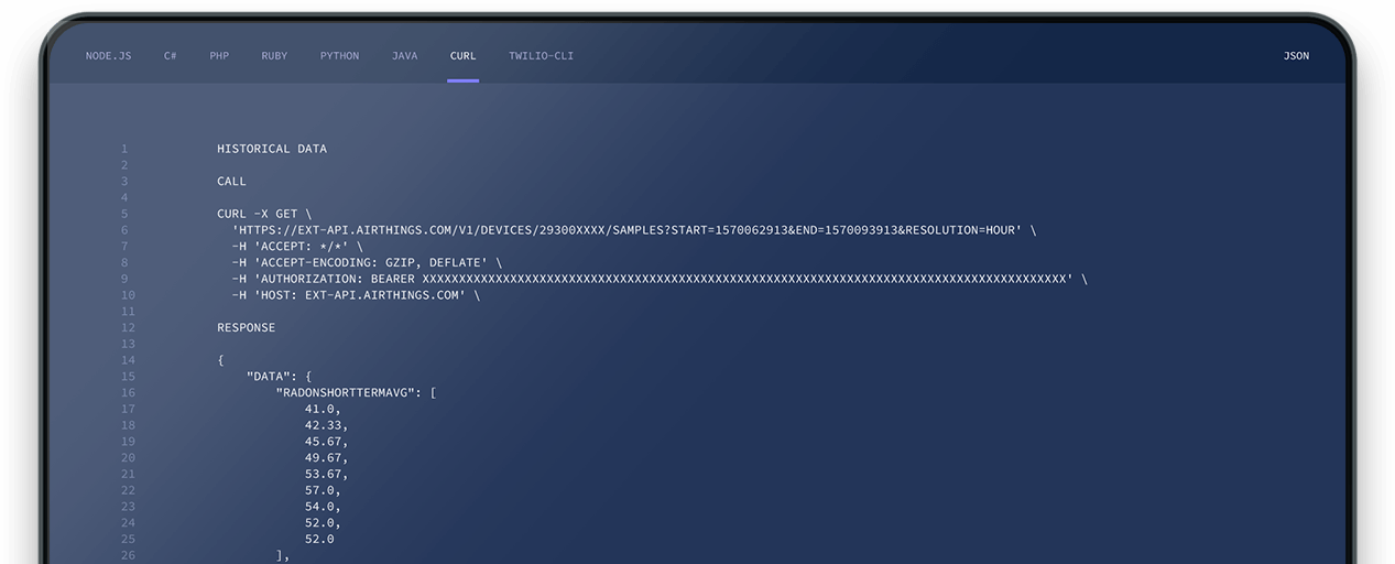 Screen showing example API call and response to return the historical data from a device