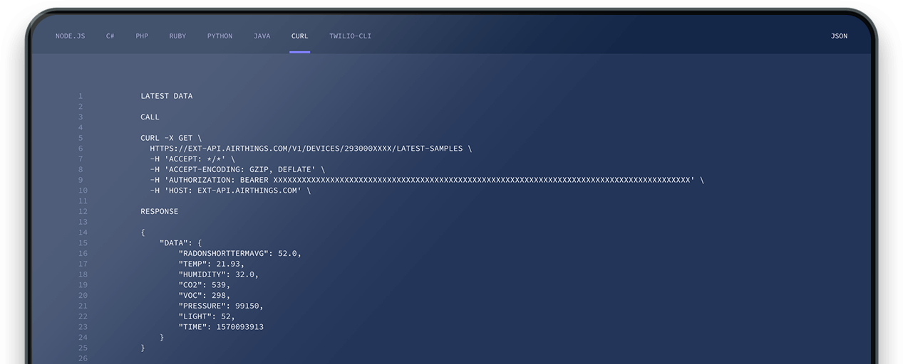 Screen showing example API call and response to get the most recent measurement data