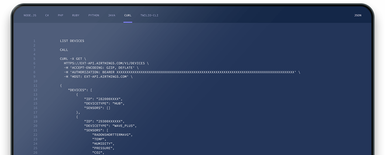 Screen showing example API call and response to list devices