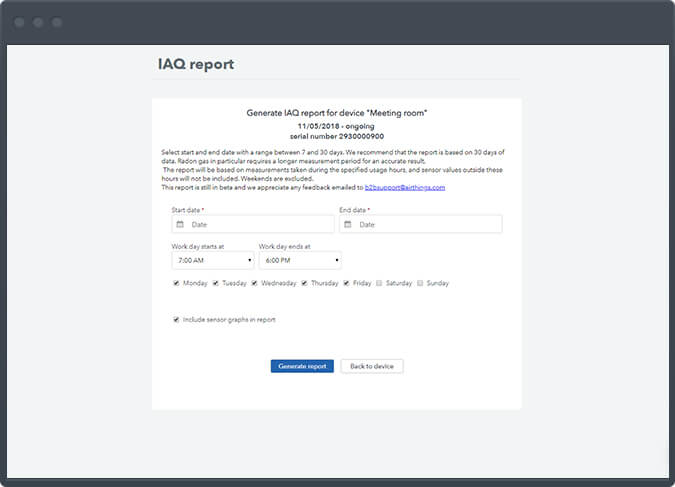 A computer window showing how you can generate and share reports on the Airthings dashboard