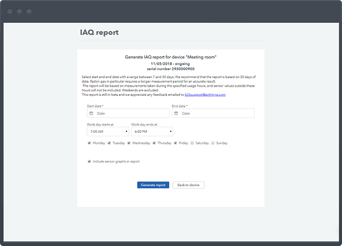 A computer window showing how you can generate and share reports on the Airthings dashboard