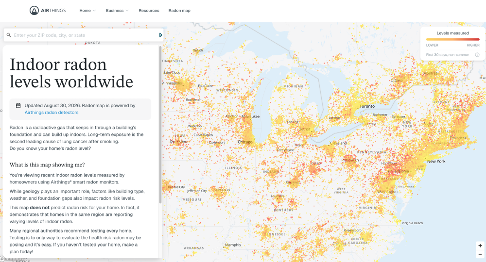 a screenshot from radonmap showing the website, and how the USA looks with indoor data levels plotted