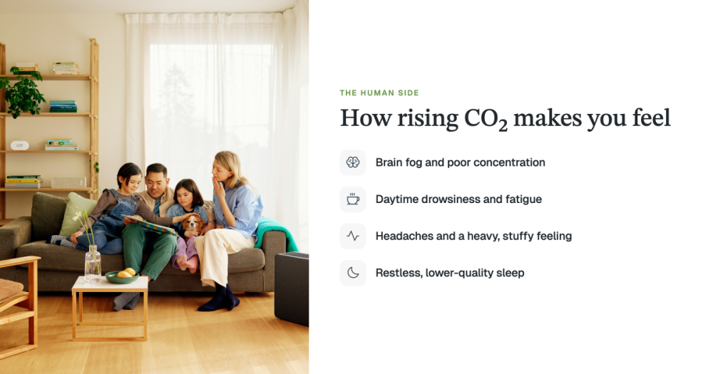 Photo of a family reading a book on a sofa, with an overview of what high CO2 means for your health