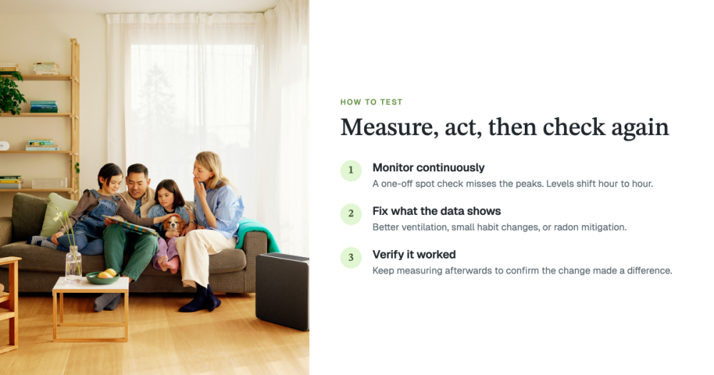 image of a family on a sofa reading a book with text overlay explaining how to test air quality